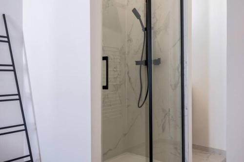 een douche met een glazen deur en een douchekop bij La suite d'Orbigny en hyper centre in La Rochelle
