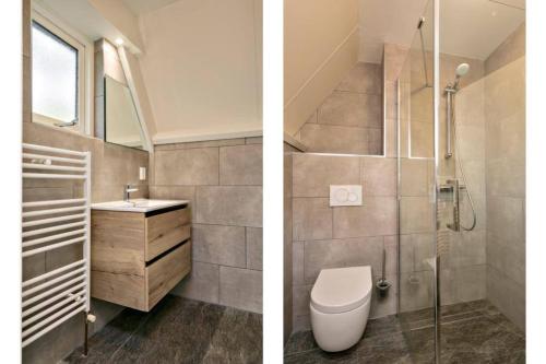 two pictures of a bathroom with a toilet and a shower at Vakantiehuis de Eekhoorn in Nunspeet op de Veluwe in Nunspeet