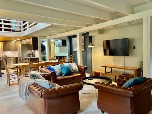 a living room with two couches and a tv at Froggy Goggle Barn in Marathon