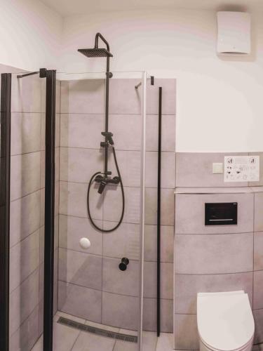 a bathroom with a shower and a toilet at Penzion Kamence in Liptovský Mikuláš