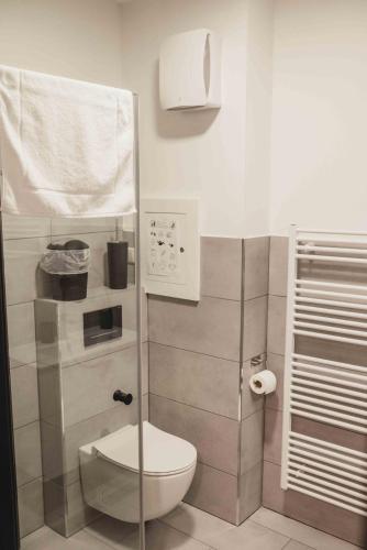 a small bathroom with a toilet and a shower at Penzion Kamence in Liptovský Mikuláš