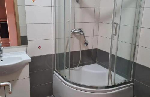een douche in een badkamer met een wastafel bij Harbat in Rustavi