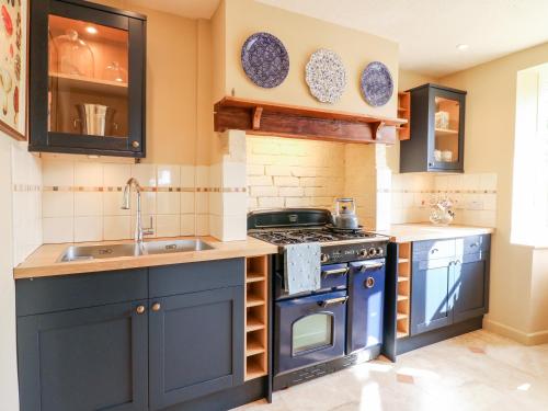 a kitchen with blue cabinets and a stove and a sink at Bluebell Cottage in Rugeley