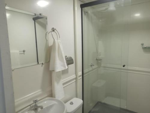 サンパウロにあるApto Centro SP ótima localizaçãoのバスルーム(シャワー、洗面台、トイレ付)