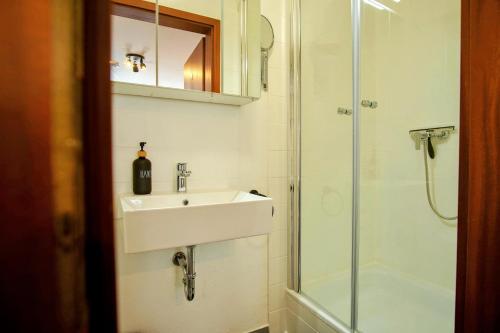 ein Bad mit einem Waschbecken und einer Dusche in der Unterkunft ☆ANDRISS: Kaiserberg Apartments - Kitchen - WIFI - Parking in Kaiserslautern