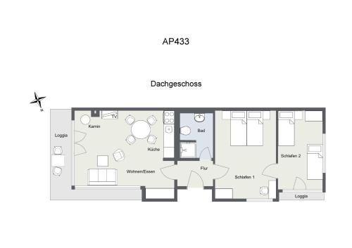 a floor plan at Wiesengeflüster Apartment 433 in Klink mit Müritzblick, Balkon und Strandnähe in Klink