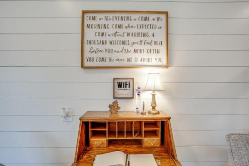 a desk in a room with a sign on the wall at Biddle Point Inn in Plymouth