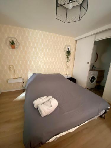 1 dormitorio con 1 cama con 2 toallas en Logement Merida de Rouen - 063, en Rouen