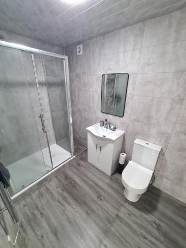 een badkamer met een douche, een toilet en een wastafel bij Homestay by BIC Legends 4 in Batley Carr