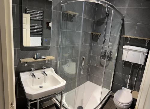 a bathroom with a shower and a sink and a toilet at The Plough Inn in Marsham