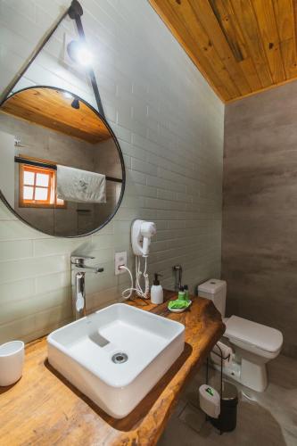a bathroom with a white sink and a mirror at Pousada Canto da Nascente in Monte Verde