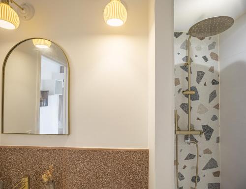 un baño con ducha y espejo en Cosy Saussier - Confort - Ideal Place, en Troyes