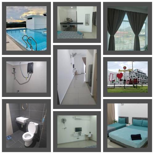 un collage di foto di un bagno e di una piscina di Gr Studio Apartment a Gua Musang
