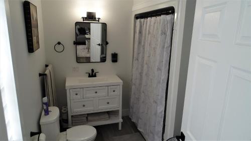 een badkamer met een wastafel, een toilet en een spiegel bij Charming Retreat on Rothesay Road in Saint John
