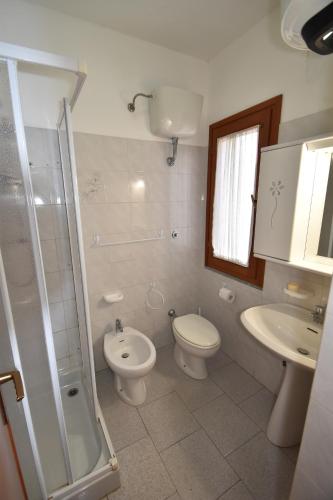 ein Bad mit einem WC, einem Waschbecken und einer Dusche in der Unterkunft Appartamento Amapola - Bilocale in zona mare con clima e posto auto in Marina di Campo