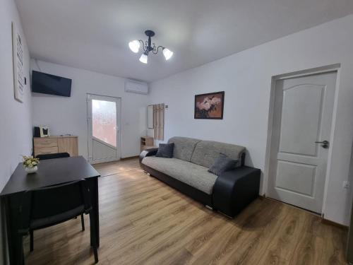 a living room with a couch and a piano at Parnica Home in Dudeştii Noi