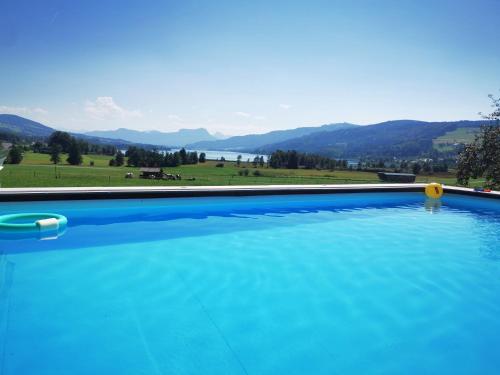 a large swimming pool with a view of the mountains at Sunnhof in Oberhofen am Irrsee