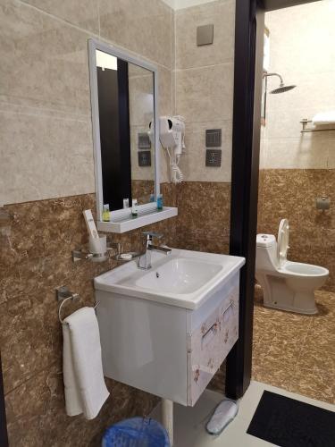 a bathroom with a sink and a mirror and a toilet at شقق بيوتات الريف للشقق المخدومة in Najran