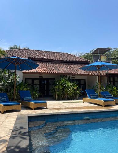 a pool with chairs and umbrellas next to a house at Indigo Bungalows in Gili Trawangan