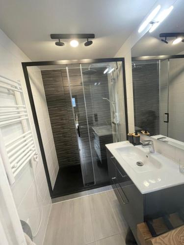 La salle de bains est pourvue d'une douche et d'un lavabo blanc. dans l'établissement LE GL'ASSIE, à Saint-Gervais-les-Bains