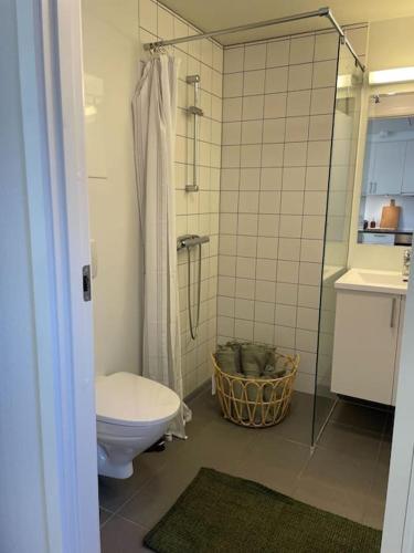 a bathroom with a toilet and a shower and a sink at Skandinavisk City-lejlighed! in Odense
