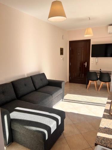een woonkamer met een bank en een tv bij Αγρίνιο κέντρο ΔΣ, Δ1 in Agrinion