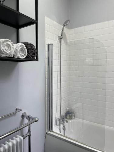 La salle de bains est pourvue d'une douche et d'une baignoire avec un chat sur une étagère. dans l'établissement Airy Apartment Sefton Park, à Liverpool