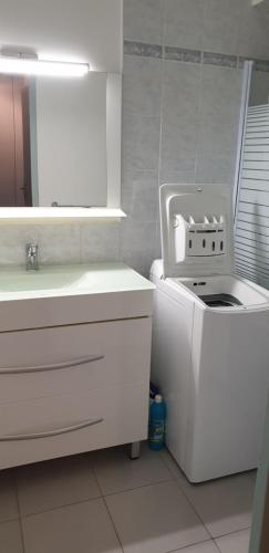 La salle de bains blanche est pourvue d'un lavabo et d'un lave-linge. dans l'établissement Studio pour curistes et vacanciers, à Gréoux-les-Bains