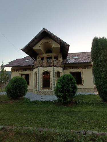 a house with a gambrel roof and two bushes at Casa Alboi in Ciocăneşti