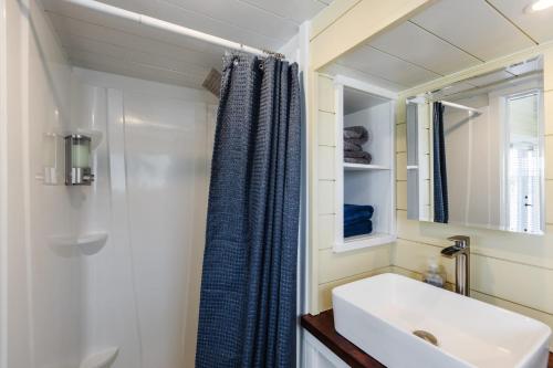 a bathroom with a sink and a blue shower curtain at Ruby Red Tiny Home in Apple Valley