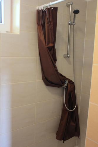 a shower with a brown shower curtain in a bathroom at Rafaello Pokoje Gościnne in Łagów