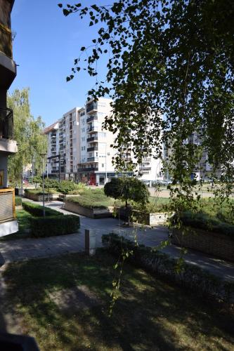 une vue sur un parc avec des bâtiments en arrière-plan dans l'établissement Studio Apartman Iva, à Subotica