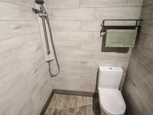 a bathroom with a white toilet and a shower at Swallow's Nest in Gainsborough