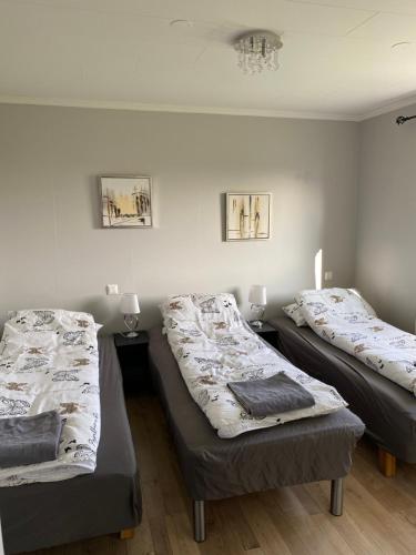 Habitación con 2 camas individuales y lámpara de araña. en Luxus apartment Byggdarhorn, en Selfoss