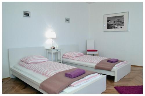 two beds sitting next to each other in a room at Apartment Castle View in Budapest
