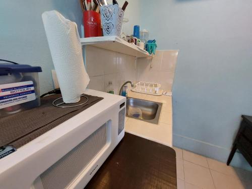 eine Küche mit Mikrowelle und Spüle in der Unterkunft Habitación Cozumel in Cozumel