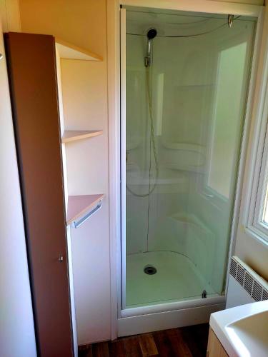 une douche avec une porte vitrée dans une salle de bain dans l'établissement Mobil-home dans la forêt haute et tranquille, à Saint-Chéron