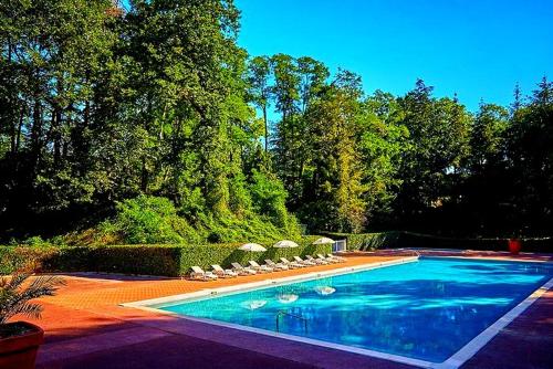 une piscine avec des chaises longues et une piscine dans l'établissement Mobil-home dans la forêt haute et tranquille, à Saint-Chéron