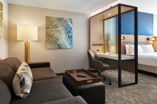 une chambre d'hôtel avec un canapé, un bureau et un lit dans l'établissement SpringHill Suites by Marriott Frederica, à Frederica