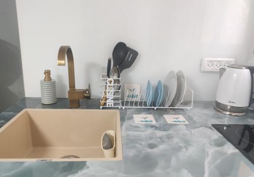 a kitchen counter with a sink and some utensils at Emilie Guest House in Haifa