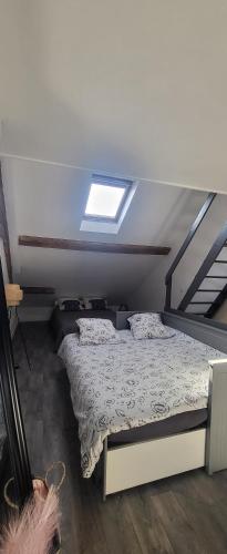 a bedroom with a bed and a skylight at Appartement plein de charme in Coignières