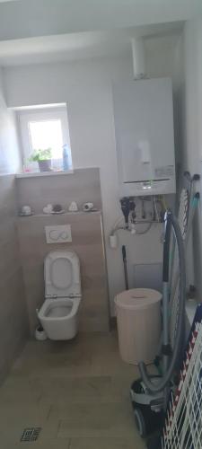 a small bathroom with a toilet and a sink at Villa Senec Gardens in Senec