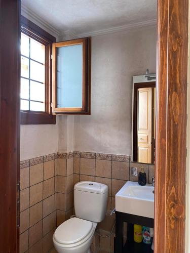 a bathroom with a toilet and a sink at Delfi's cozy maisonette in Delfoi