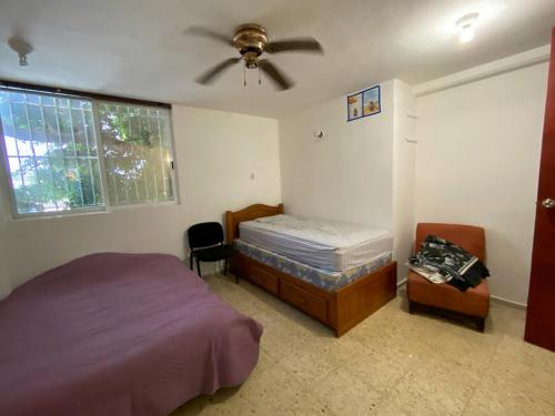 坎昆Departamento mercado 28, corazón de Cancún的一间卧室，里面有一张床和一个吊扇