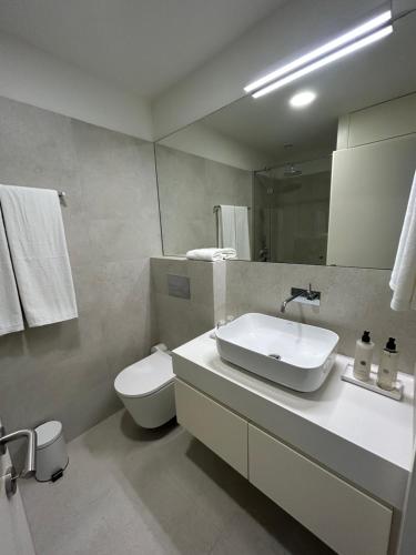 a bathroom with a sink and a toilet and a mirror at Leça Apartments in Leça da Palmeira