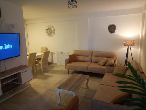 een woonkamer met een bank en een tv bij URBAN1 Ferizaj City in Ferizaj