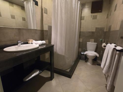 a bathroom with a sink and a shower and a toilet at Borg El Thaghr Hotel in Alexandria
