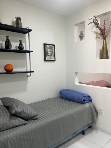 um quarto com uma cama e uma prateleira em Fioravante's Apartment 2 no Rio de Janeiro