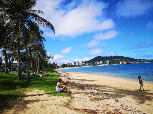 a group of people sitting on the beach at Moana Beach Apartment in Noumea