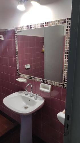 a bathroom with a sink and a mirror at casa a 20 minutos del aeropuerto de Ezeiza sobre avenida opcional tranfer amplio parque para mascotas rejas y cámaras de seguridad in Monte Grande
